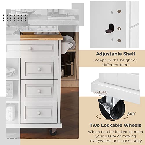 53.5''Farmhouse Kitchen Island with Power Outlet, Kitchen Storage Island with Drop Leaf, Spice Rack and Drawer, Rolling Kitchen Cart on Wheels