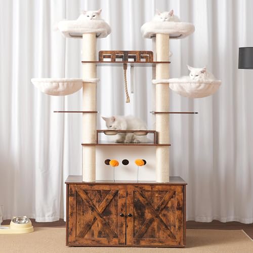Heybly Cat Tree for Maine Coon with Litter Box Enclosure, 72-inch Wooden Cat Tower for Indoor Cats Large Adult, Big Condo with Food Station, Baskets