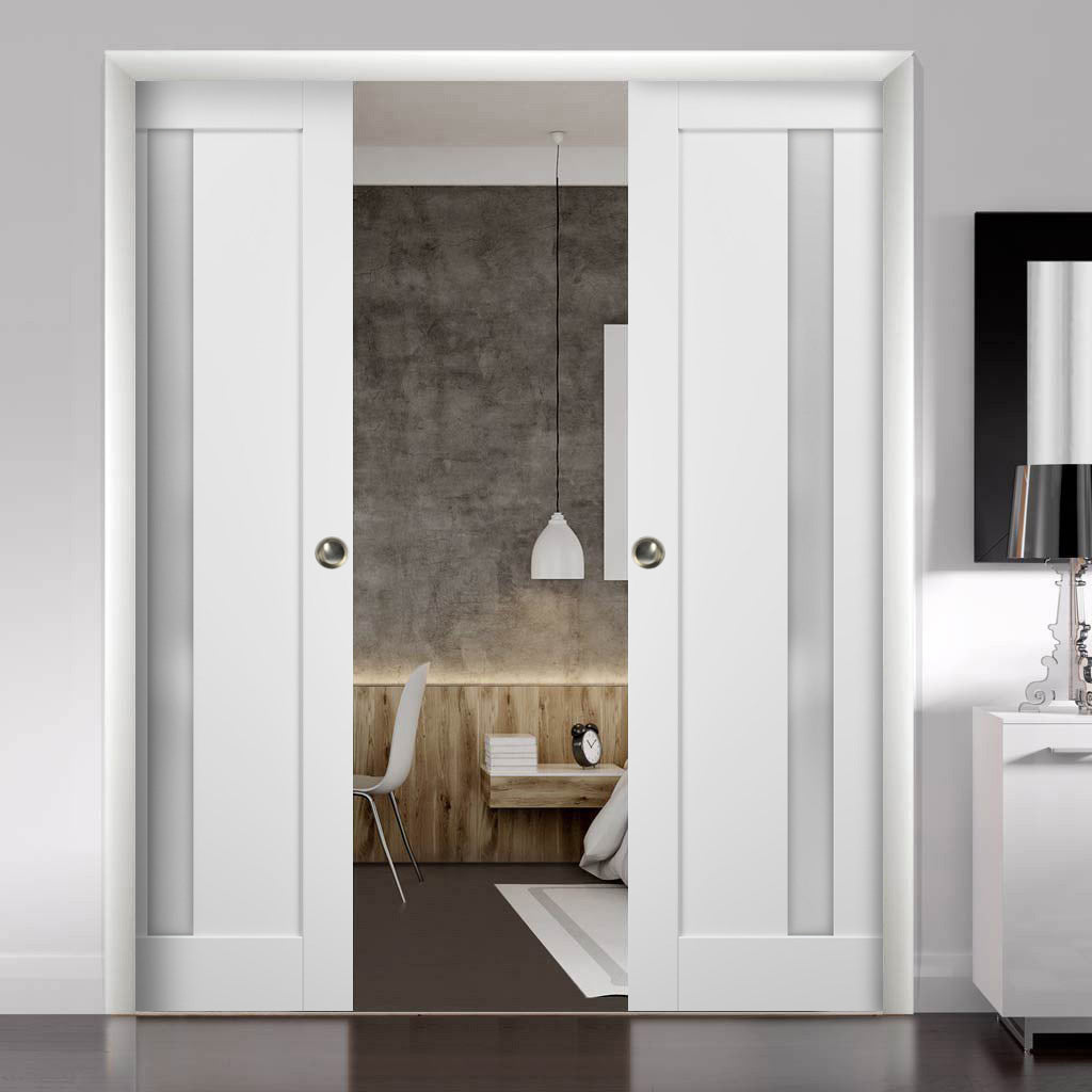 French Double Pocket Doors 36 x 80 with Frames | Quadro 4112 White Silk with Frosted Opaque Glass | Kit Trims Rail Hardware | Solid Wood Interior