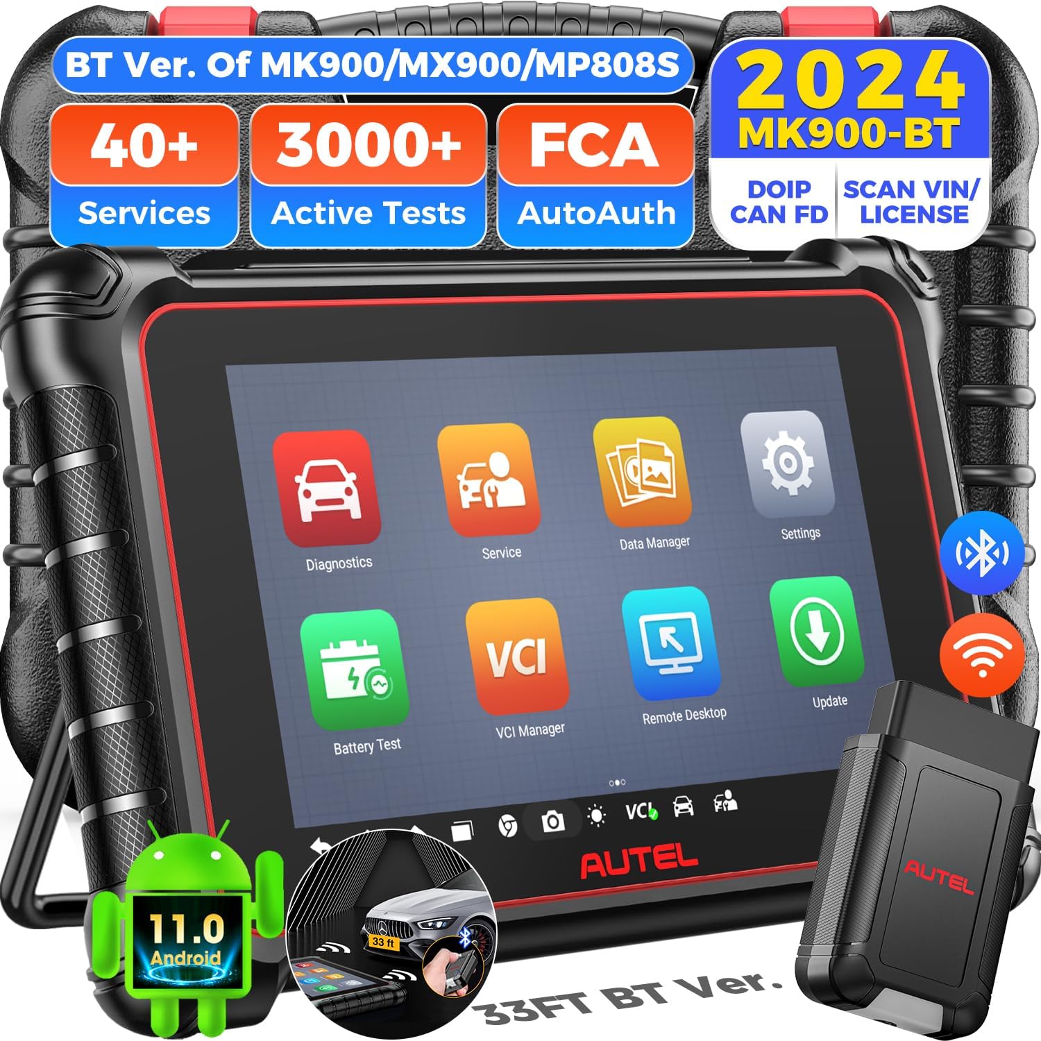 Autel Scanner MaxiCOM MK900-BT MK900BT: 2024 BT Ver. of MK900 MX900, 8in Up of MK808S MK808BT PRO MX808S MK808Z MS906