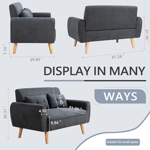 Shintenchi 47" Modern Linen Loveseat Sofa with 2 Pillows - Dark Grey | Compact, Stylish & Comfortable for Apartments, Studios & Small Spaces