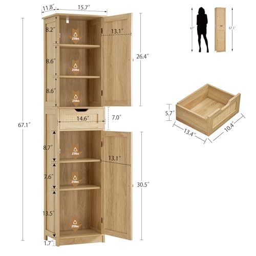 Iwell 67" Tall Bathroom Cabinet, Storage Cabinet with 2 Doors & 1 Drawer, Bathroom Storage Cabinets with Adjustable Shelves, for Living Room