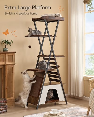 FourFurPets 72.4" Modern Cat Tower for Indoor Cats - Multi-Level Condo With Caves, Tall Tree With Scratching Board, Wooden Tower With Large Perch