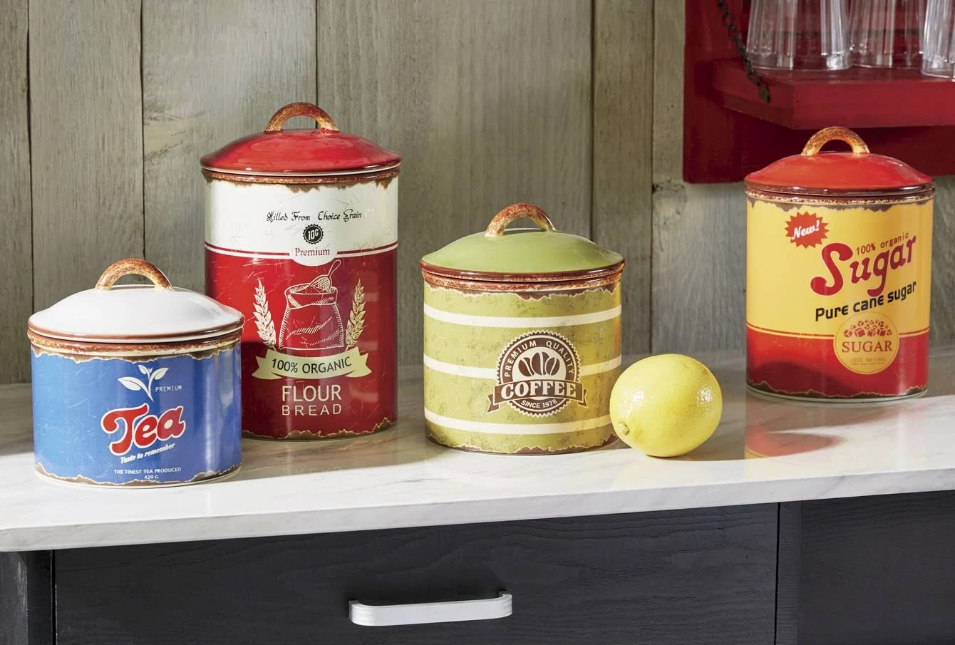 Set of 4 Retro Canisters, Ceramic, Red