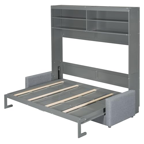 Harper & Bright Designs Queen Size Murphy Bed with Cushion and Storage Shelves, Wood Queen Platform Bed with Sofa, Wall Bed