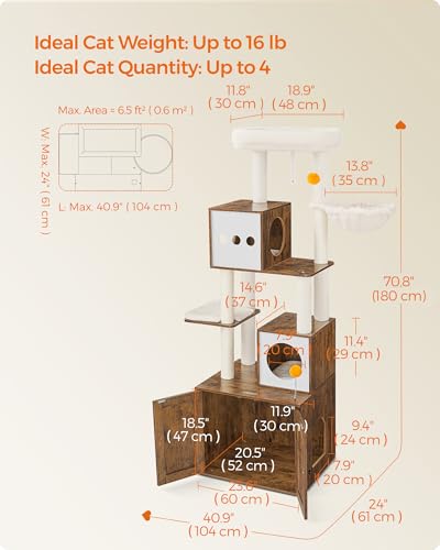 Feandrea Cat Tree with Litter Box Enclosure, 2-in-1 Modern Cat Tower, 70.8-Inch Tall Cat Condo with Scratching Posts, Perch, Caves, Basket