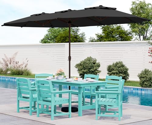 SERWALL Outdoor HDPE Dining Table Set, 7-Piece Outdoor Dining Table Sets with Umbrella Hole Cut-Out Table and 6 Chairs, Gray