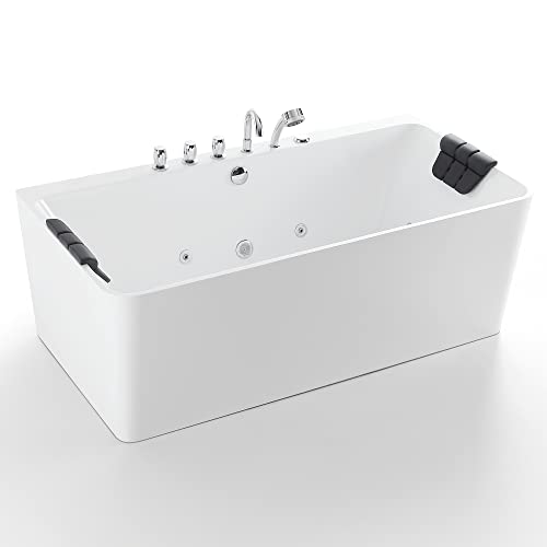 Empava 59-Inch Freestanding Whirlpool Bathtub Rectangular with 8 Hydromassage Adjustable Water Jets Luxury Acrylic Massage SPA Soaking Bath Tub