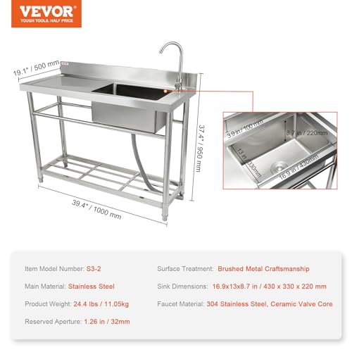VEVOR Stainless Steel Utility Sink, 1 Compartment Free Standing Small Sink w/Workbench Faucet & legs
