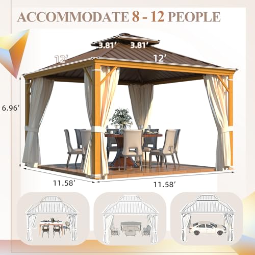 YOLENY 10' x 12' Hardtop Gazebo, Metal Gazebo with Aluminum Frame, Double Galvanized Steel Roof, Curtains and Netting Included