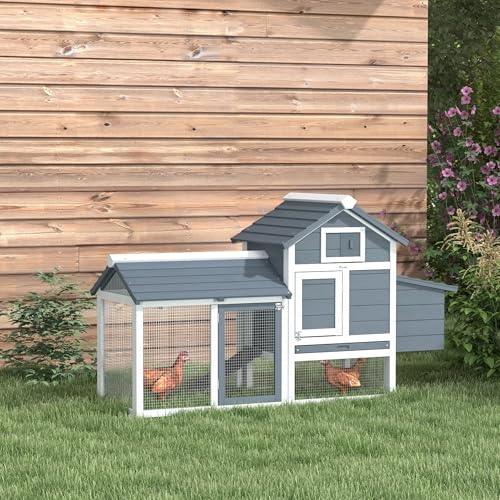 PawHut 59" Small Wooden Chicken coop Hen House Poultry Cage for Outdoor Backyard with 2 Doors, Nesting Box and Removable Tray, Gray