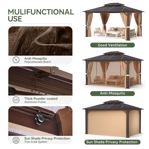 Aoxun 12'x10' Hardtop Gazebo, Aluminum Frame Permanent Pavilion with Curtains and Netting, Outdoor Polycarbonate Double Roof Canopy