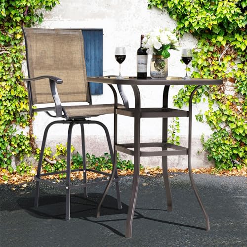 NUU GARDEN 5 Piece Patio Bar Set with Square Silk Screen Bar Height Glass Table and 4 Counter Textilene Height Swivel Chairs for Patio, Yard, Outdoor