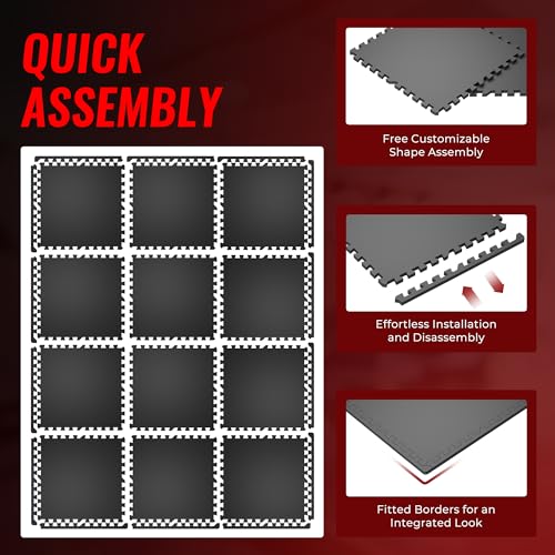 SUPERJARE 0.56'' Thick 24 Pcs 96 Sq Ft Rubber Top Exercise Equipment Mats, High Density EVA Foam Mats with Rubber Top