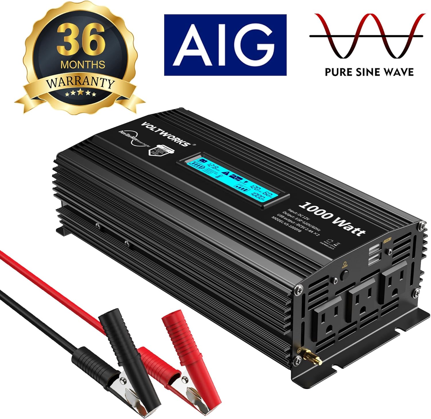 Pure Sine Wave 2500 Watt Car Power Inverter 2500w Converter DC 12V to 110V-120V AC with LCD Display 2 AC Outlets 2x2.4A USB Ports 1 AC Terminal Block