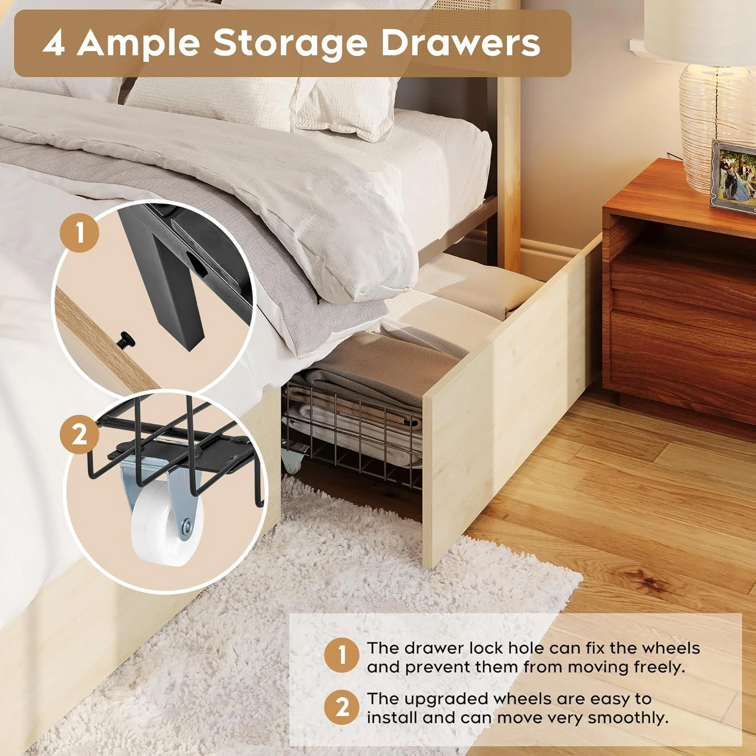 Brafab Natural Rattan Queen Bed Frame with Wooden Headboard and 4 Storage Drawers