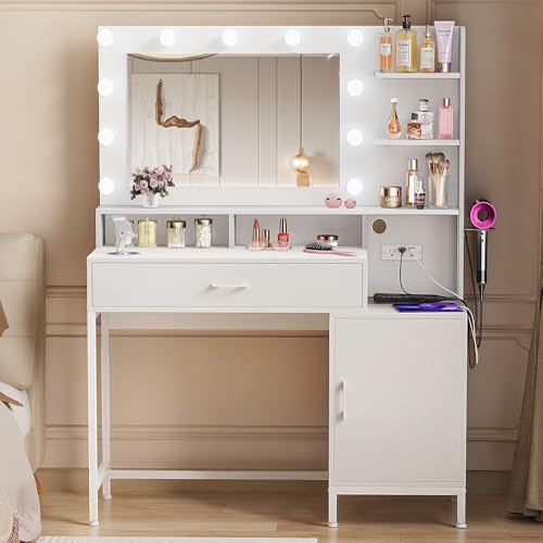 Vanity Desk with Mirror and Lights, Makeup Vanity with Storage Drawer, Power Outlet and Large Cabinet for Bedroom - White