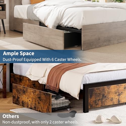 GarveeHome Full Size Bed Frame with High Storage Bookcase Headboard, Wood Bed Frame with 4 Storage Drawers, Built in Charging Station