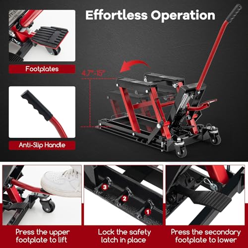 Goplus Motorcycle Lift, 1500 LBS Hydraulic ATV Scissor Jack with Footplates & Long Handle, 2 Ratchet Belts, 4 Wheels, 4.7”-15” Lifting Range