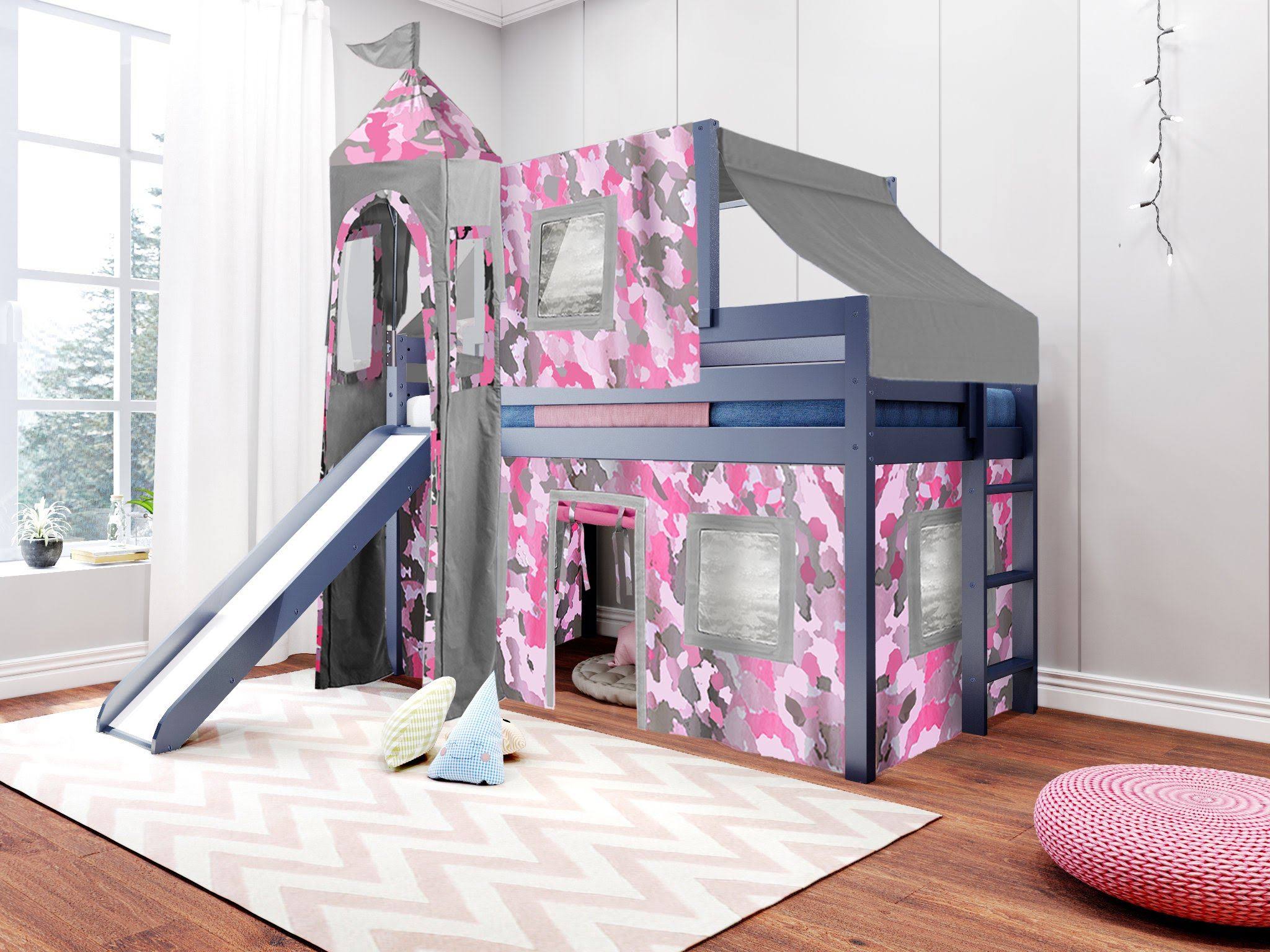 Jackpot! Princess Low Loft Twin Bed with Slide Pink Camo Tent and Tower, Blue