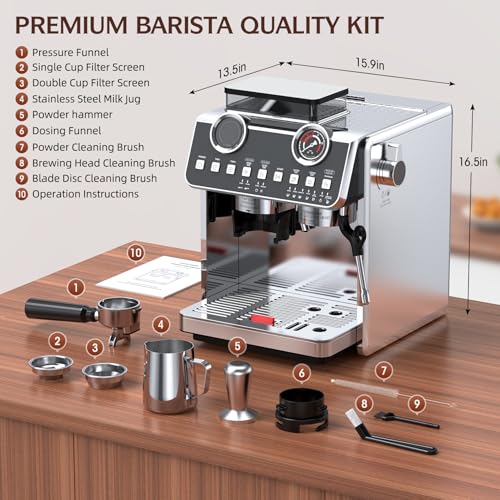 Espresso Machine with Grinder, 20 Bar Pressure Professional Espresso Maker with 30 Grinding Settings, 58mm Portafilte
