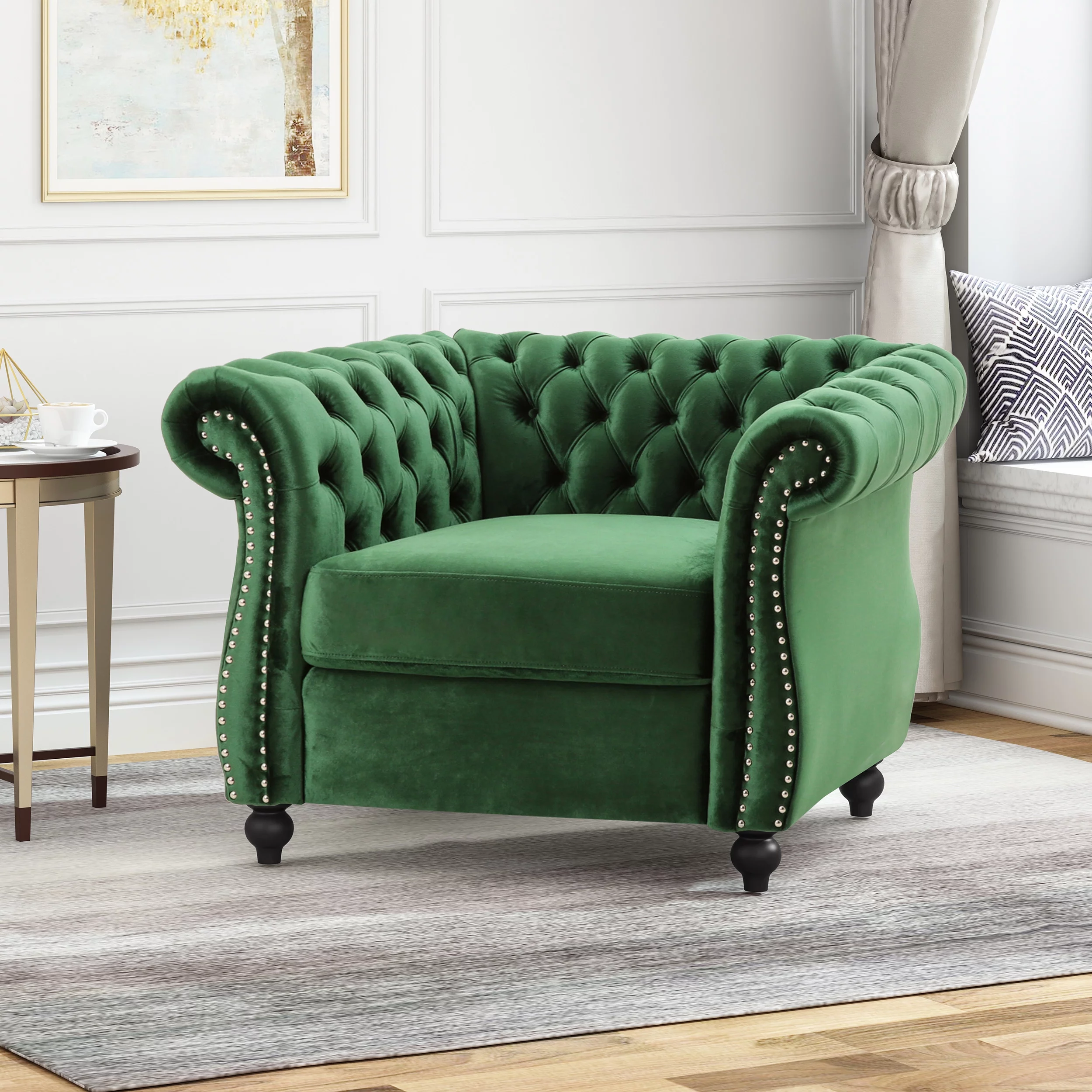 Noble House Millie Chesterfield Velvet Club Chair, Green - Radiant Selections