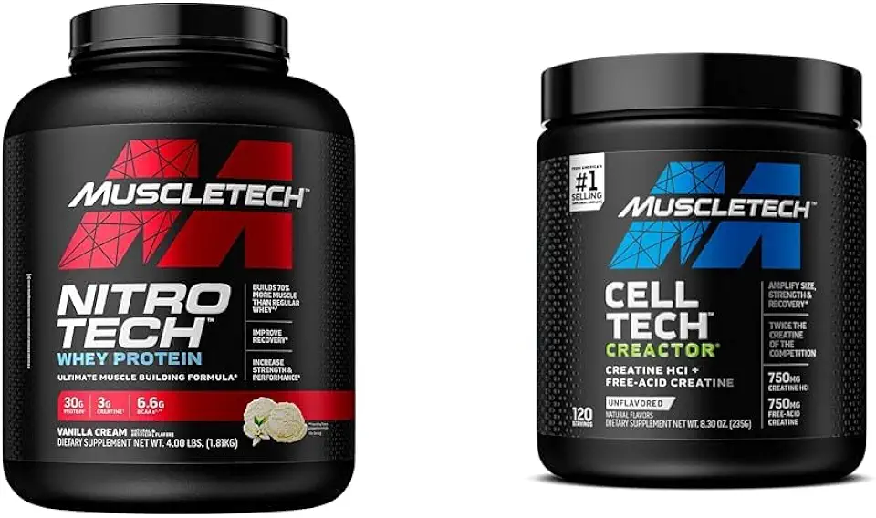 MuscleTech Whey Protein Powder Nitro-Tech | Isolate & Peptides & Cell-Tech Creactor Creatine HCl Powder | Post Workout Muscle Builder