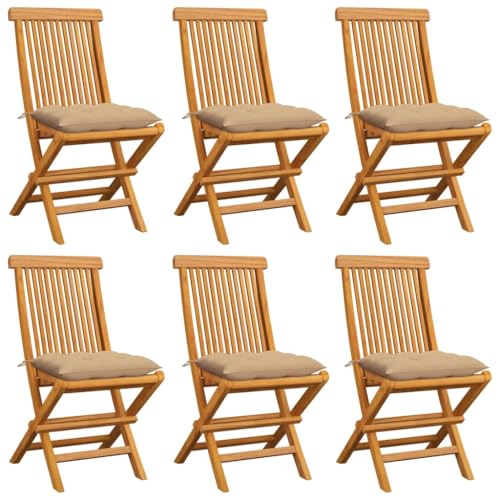 Patio Chairs with Beige Cushions 6 pcs Solid Teak Wood