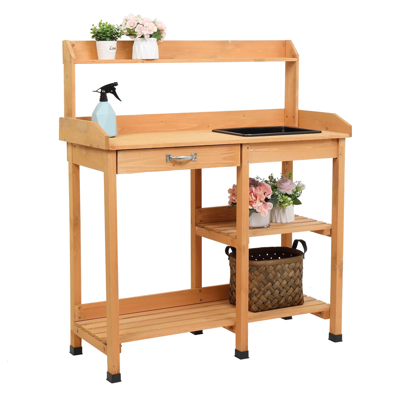 Wooden Potting Bench, Work Station Table, Outdoor Garden Potting Table with Sink, Hooks and Storage Shelf for Garden Supplies, Natural