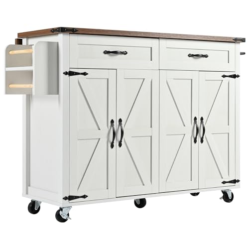 Kitchen Island Cart With Power Outlet, 2 Doors, Drop Leaf, Spice Rack, 2 Drawers - Rolling Storage Cart on Wheels for Home and Dining Room - White