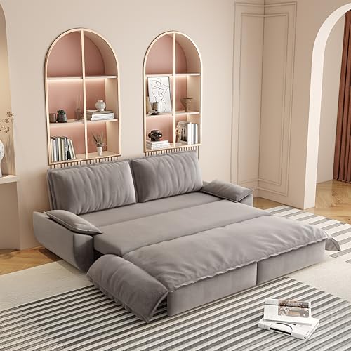 70.1" Futon Sofa Bed Queen Size, Pull Out Bed, 3-in-1 Convertible Sleeper Sofa with 2 Soft Pillows, Modern Velvet Futon Couch for Living Room
