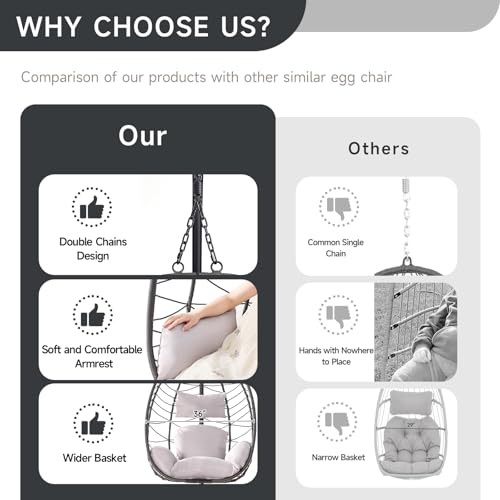 Hanging Egg Chair with Stand, Outdoor Indoor Egg Swing Chair with Cushion Headrest, Wicker Rattan Egg Chair with Dual Chains
