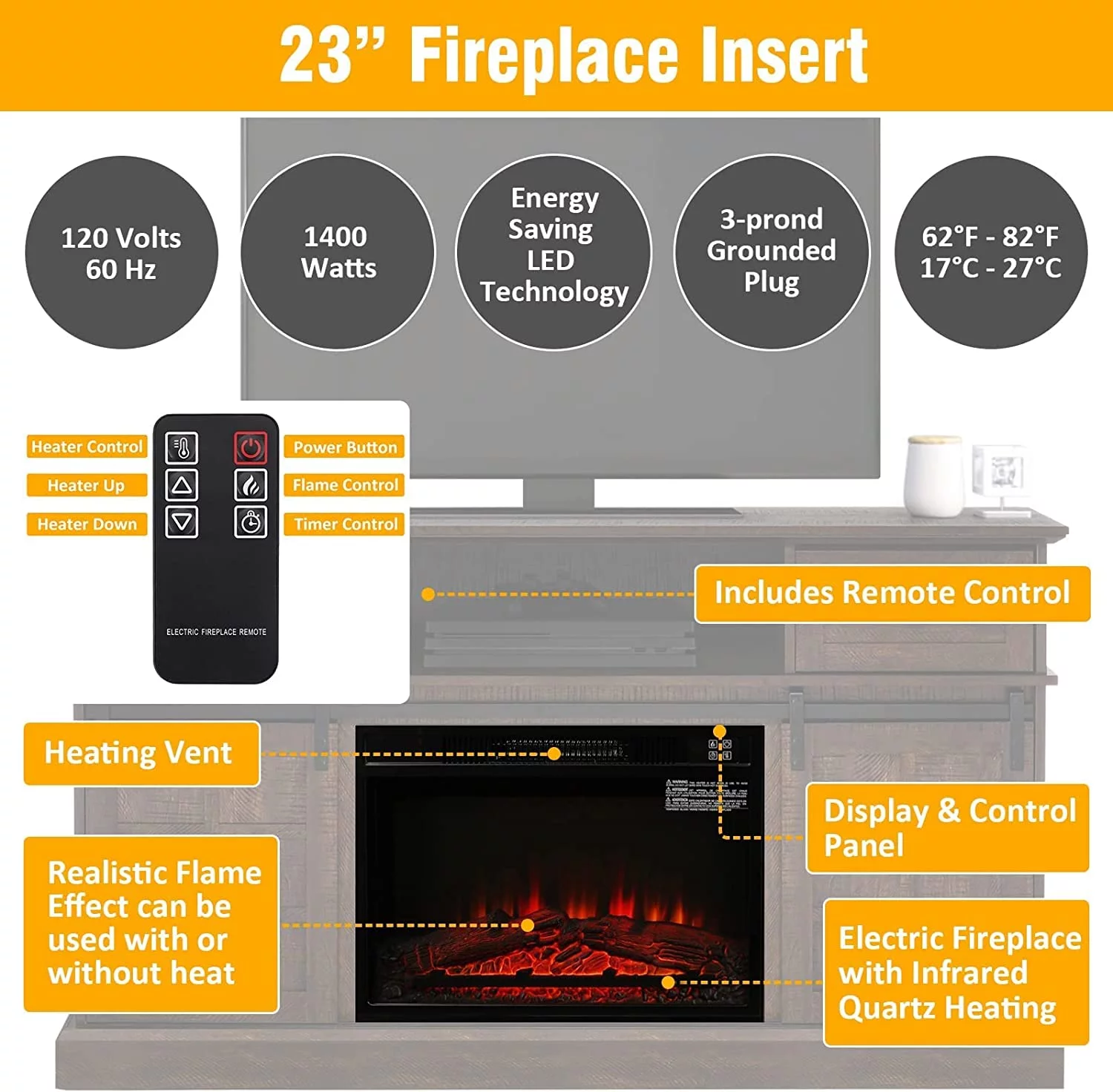 LGHM Fireplace TV Stand, Modern Farmhouse Wood Entertainment Center for 65" TV