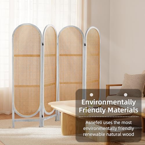 4 Panels Room Divider Wall, Foldable Wooden Room Divider, Individual Privacy Screen Made of Hand-Woven Rattan