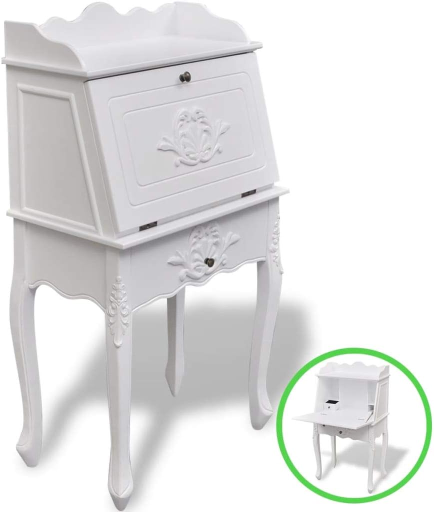 INLIFE Wooden French Secretary Desk Desktop with Storage Drawer and Shelves Cabinet Writing Study Desk 24x14x44(WxDxH)