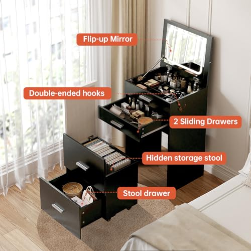 Compact Vanity with 3 Drawers, 3 in 1 Vanity Desk, Makeup Desk with Flip-up 3 Colors Lighting Mirror and Cushioned Stool