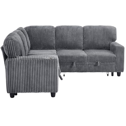L-Shaped Pull Out Sleep Sofabed,Modern Reversible Sleeper Sectional Sofa Chenille Upholstered Button Tufted Decor with Storage Chaise