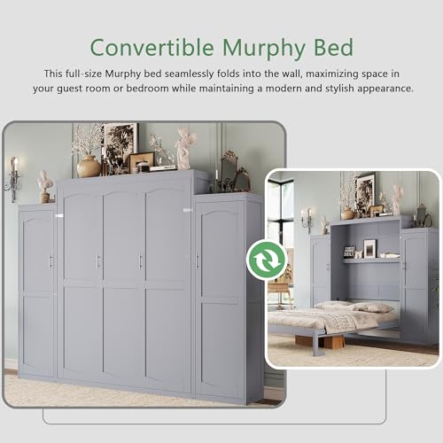 Polib Full Size Murphy Bed with Two Wardrobes and Storage Shelf, Space-Saving Wall Cabinet Bed with Foldable Platform Bedframe for Small Bedrooms