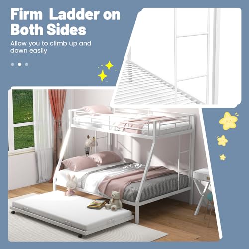 KOMFOTT Twin Over Full Bunk Bed with Trundle, Heavy-Duty Metal Bunk Bed Frame with Guardrail & 2 Ladders, Space-Saving Bunk Bed for Kids/Teens/Adults