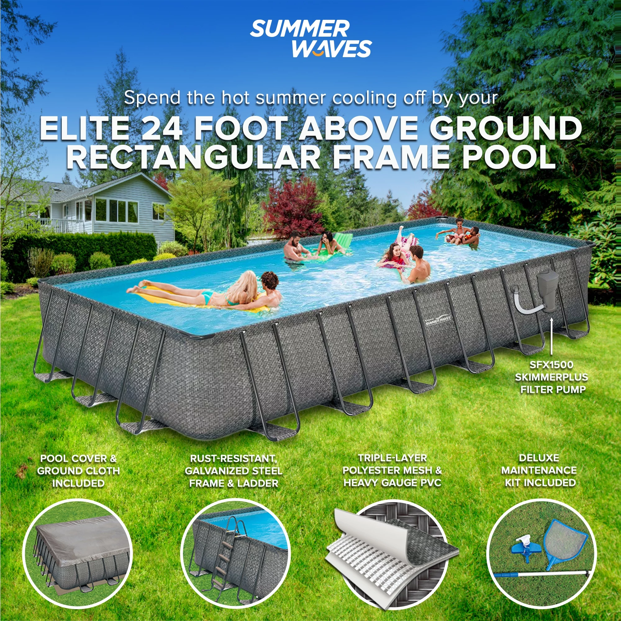 Summer Waves 24 x 12 x 4.5' Rectangle Above Ground Frame Swimming Pool Set