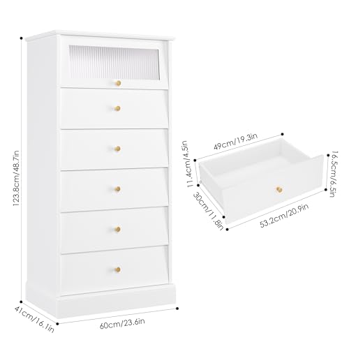 finetones 6 Drawer Dresser Black Dresser, 48.7'' Tall Black Dresser Chest of Drawers, Black and Gold Dresser with Glass Drawer