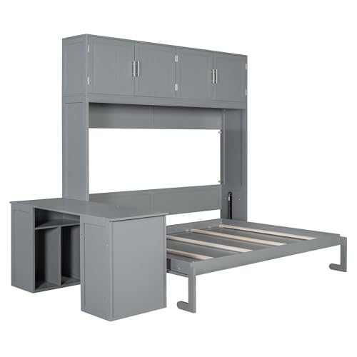 Harper & Bright Designs Twin Size Murphy Bed, Wooden Twin Wall Bed Frame with Closet, Drawers & Desk, White
