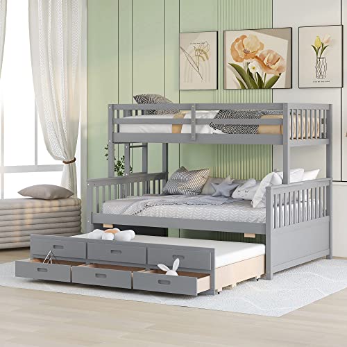 Harper & Bright Designs Twin Over Twin Bunk Bed with Storage Drawers, Solid Wood Bunk Bed Frame with Trundle, for Kids, Teens, Adults (Espresso)