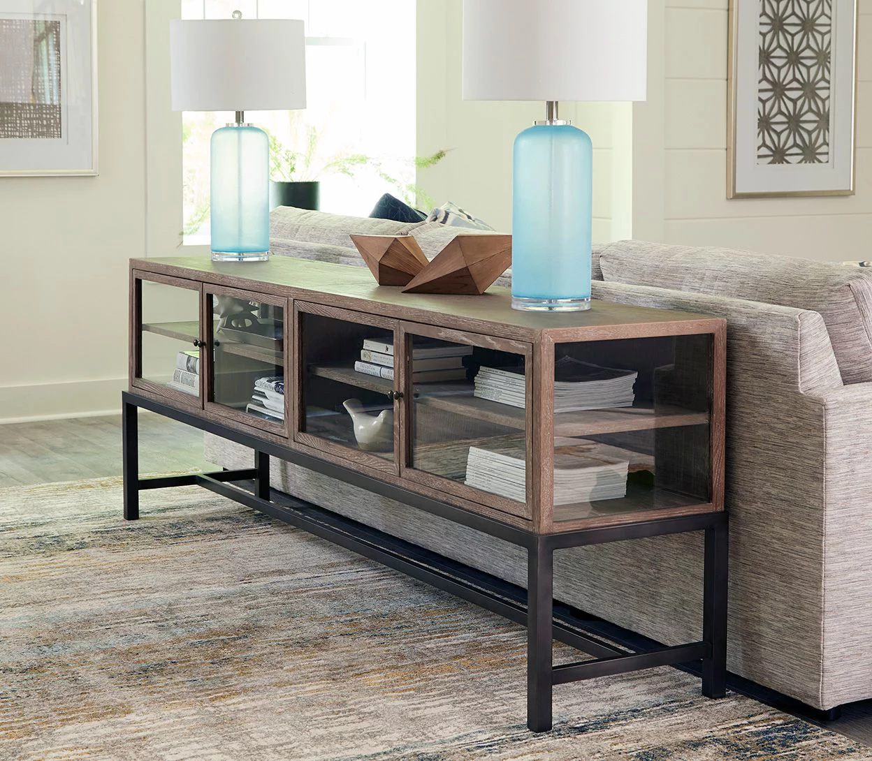Bleecker 88-inch Glass & Oak Display Console with Metal Base