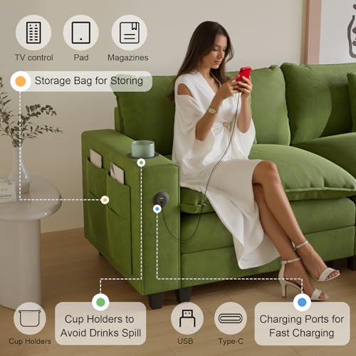 Modular Sectional Sofa, Cloud Couch with Ottoman, Charging Station, Throw Pillows, Cup Holders, Modern Convertible U Shaped Couches for Living Room