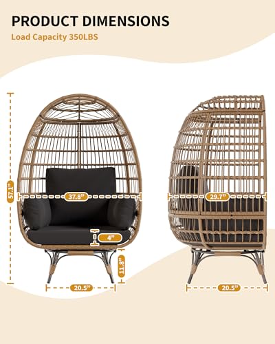 Oversize Wicker Egg Chair with 4 Comfy Cushions, Big Egg Shaped Lounger with Ottoman, Rattan Reading Chairs for Indoor Outdoor Patio Porch Backyard