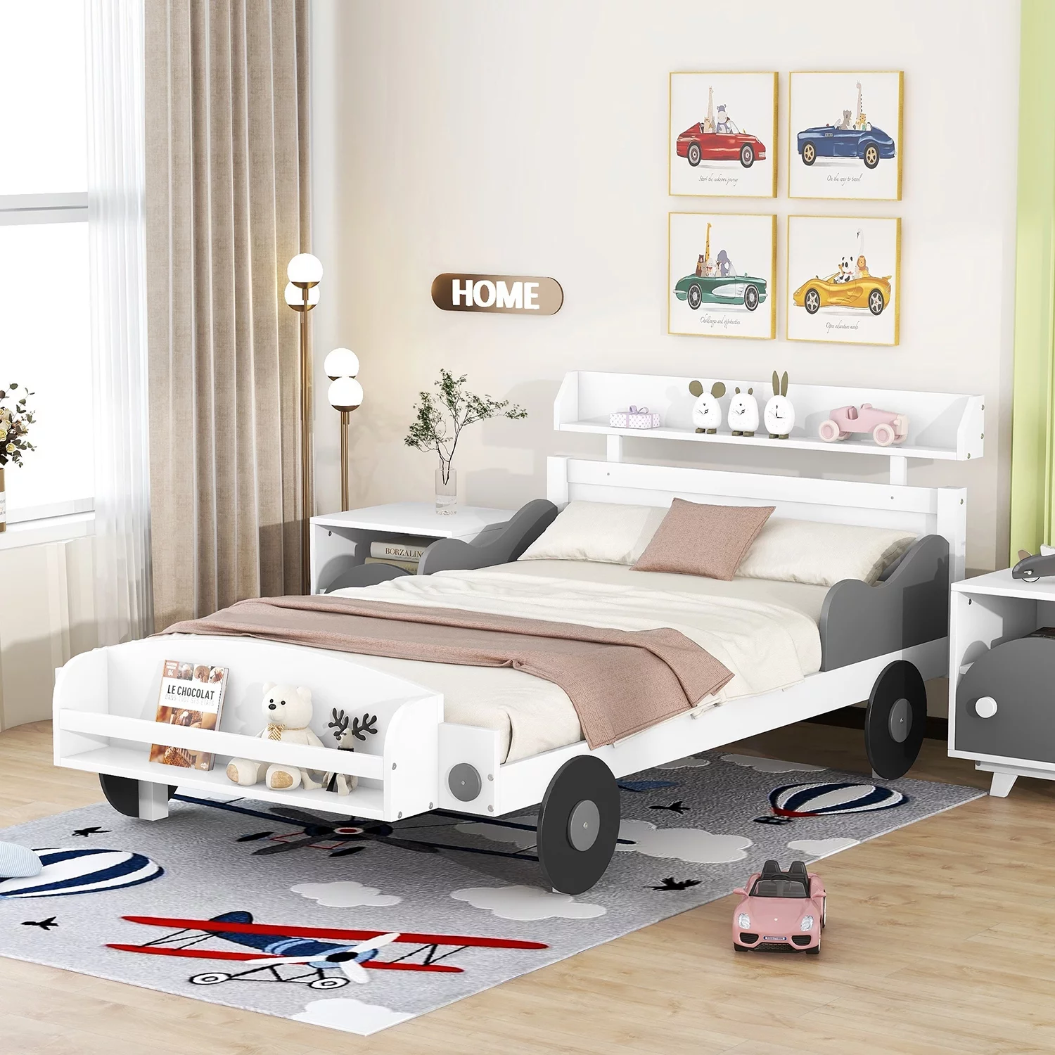Churanty Twin Size Car-Shaped Platform Bed with Storage Shelf, Kids Twin Platform Bed Frame for Boys Girls,Gray
