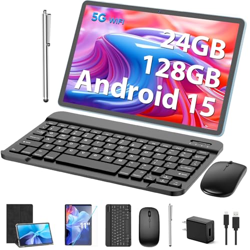Android Tablet, 11 inch Android 15 Tablet with Keyboard, 24GB+128GB, 1TB Expand, 8000mAh, 5MP+13MP, 2.4G&5G WiFi, IPS Touch Screen, GMS Certified