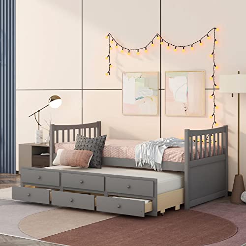 Full Size Storage Bed with Bookcase Headboard and Trundle, Wood Platform Bed Frame with Charging Station