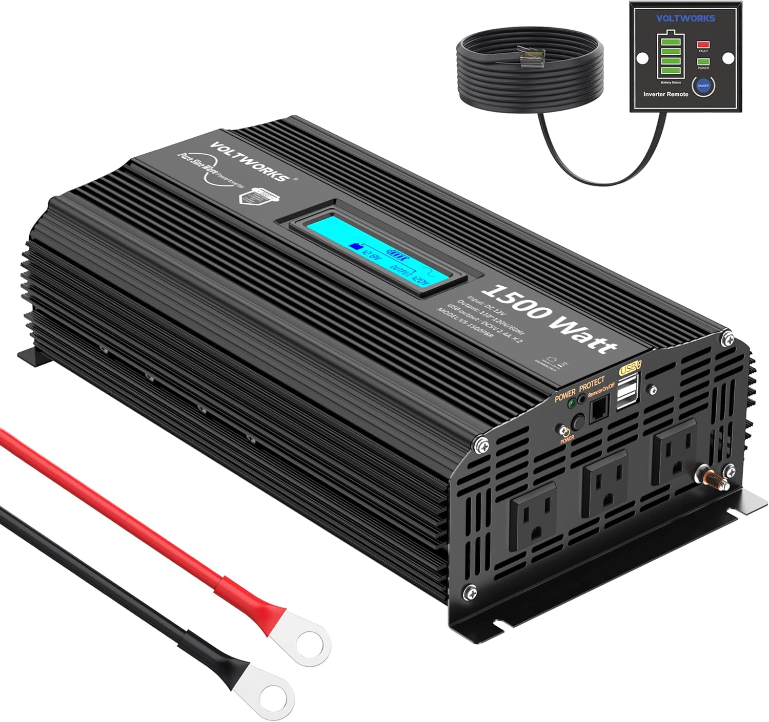 Pure Sine Wave 2500 Watt Car Power Inverter 2500w Converter DC 12V to 110V-120V AC with LCD Display 2 AC Outlets 2x2.4A USB Ports 1 AC Terminal Block